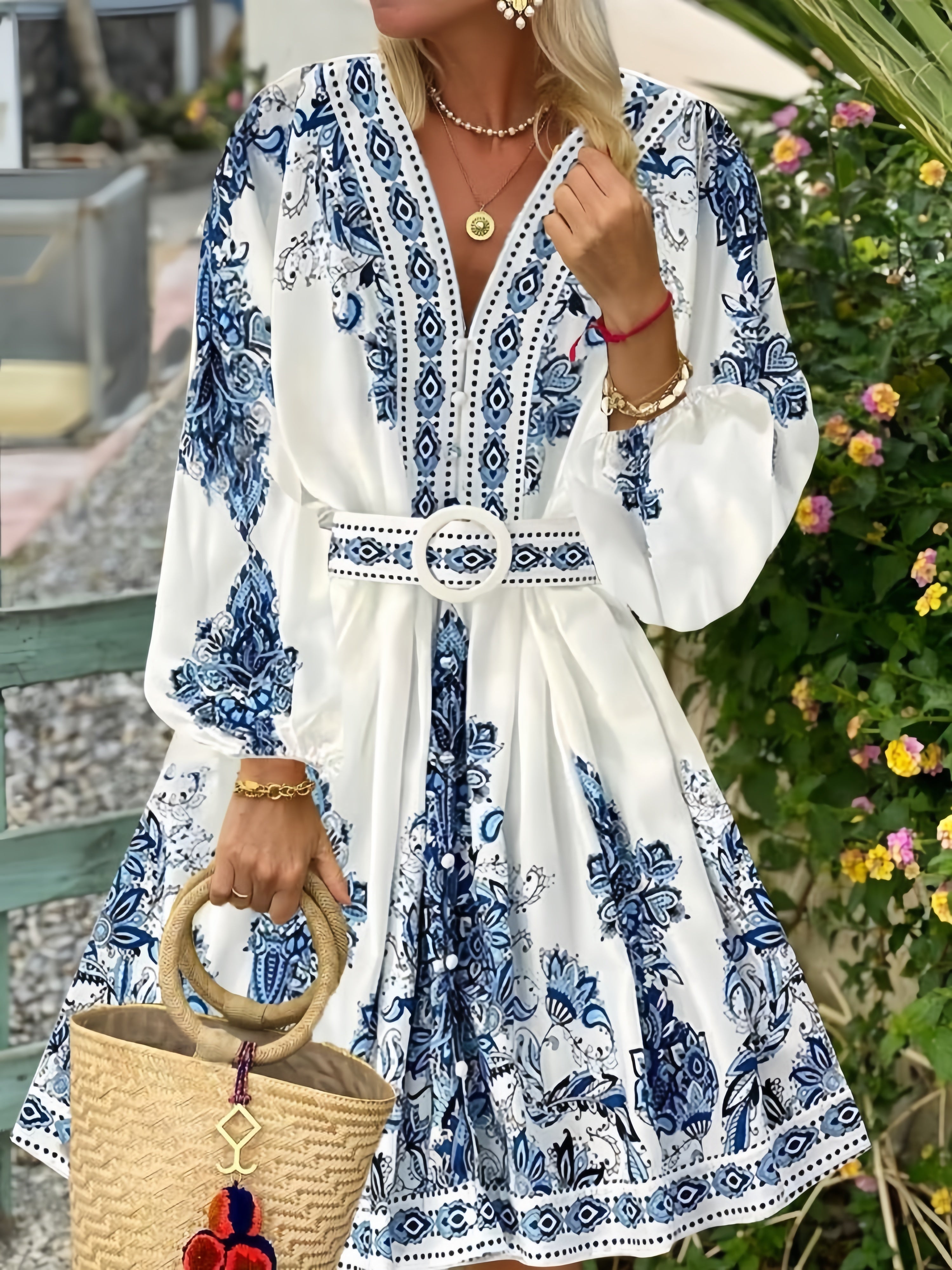 V-Neck Bohemian Print Dress