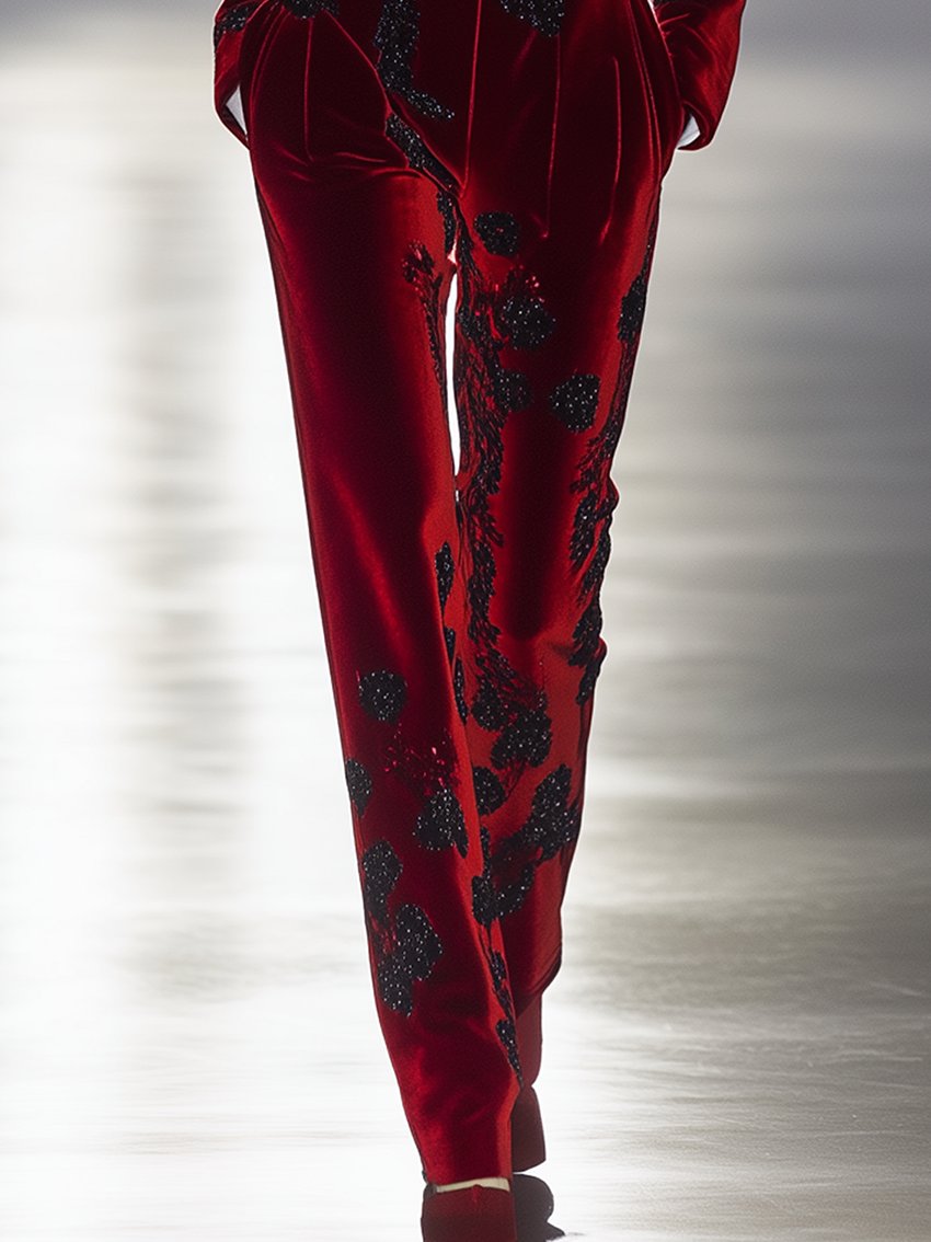 Red Velvet Jumpsuit With Black Print