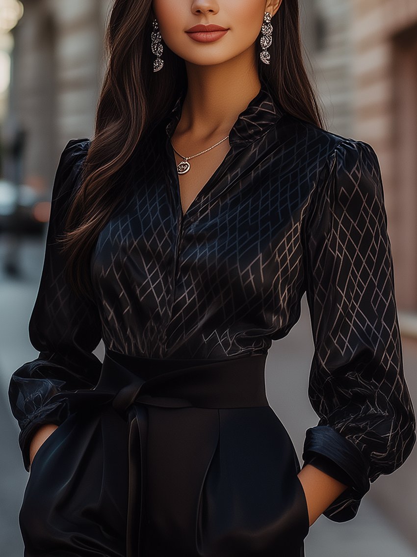 Black Geometric Satin Print Blouse