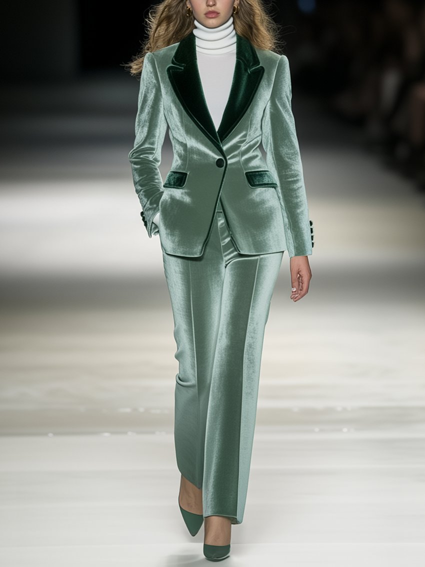 Mint Green Velvet Suit With Dark Green Collar