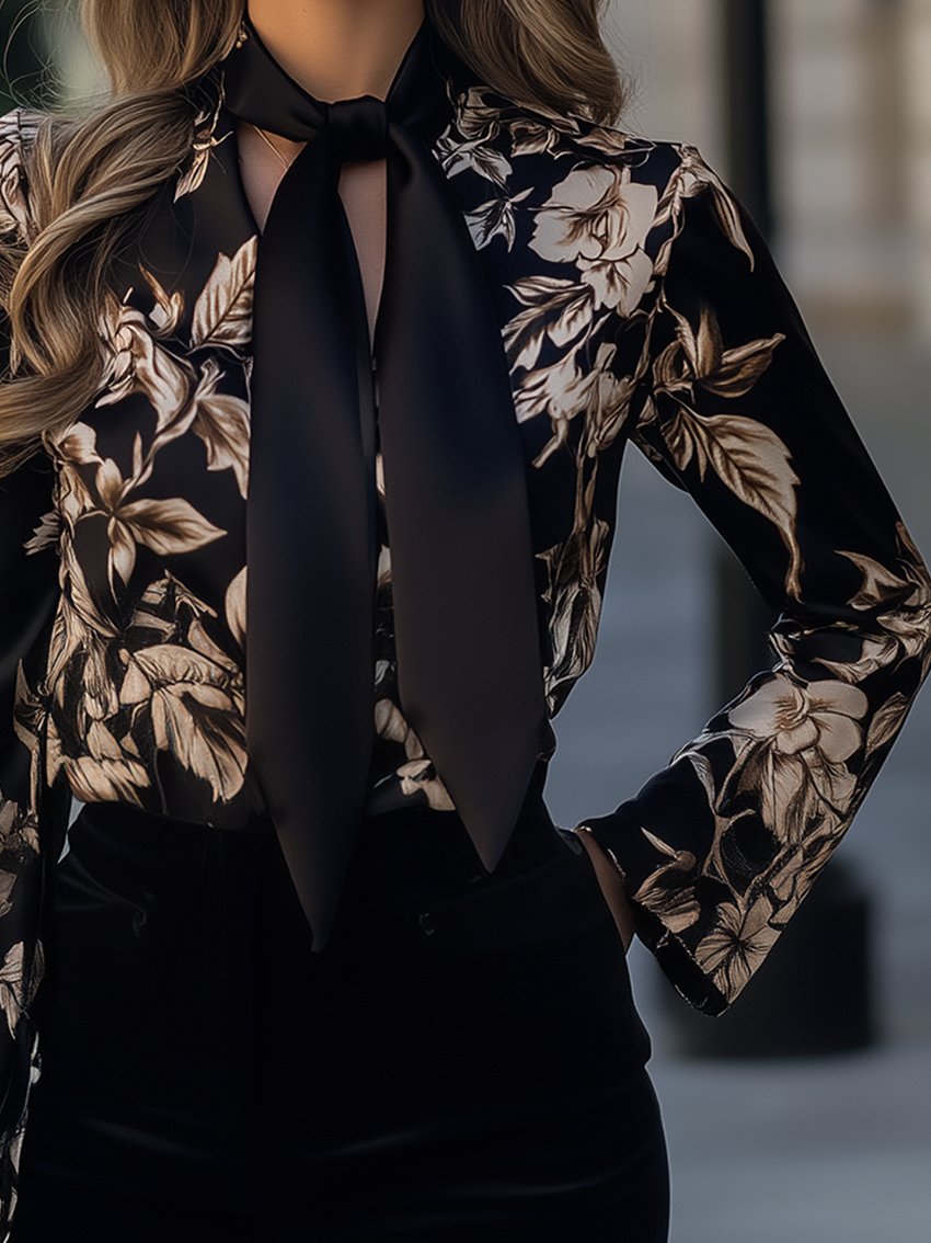 Black Floral-Print Ribbon Blouse