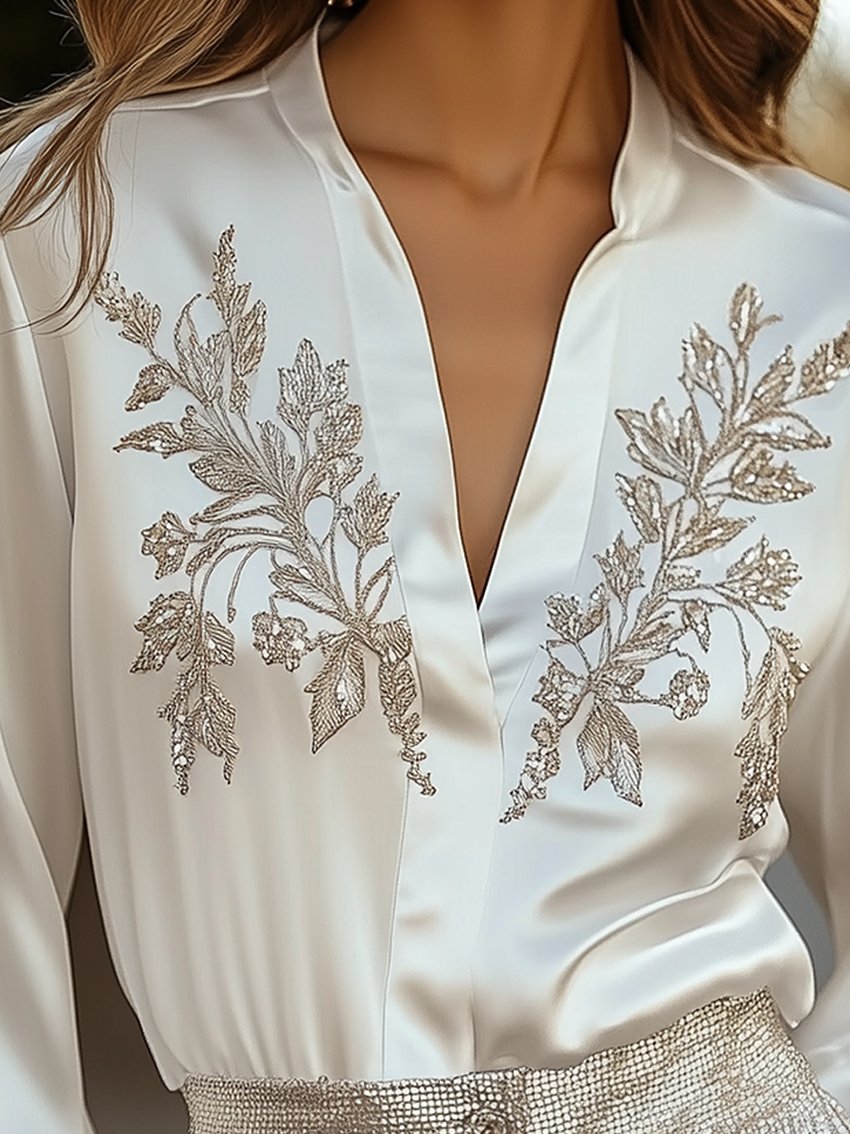 White Satin Shirt With Silver Plant Embroidery In Casual Holiday Style