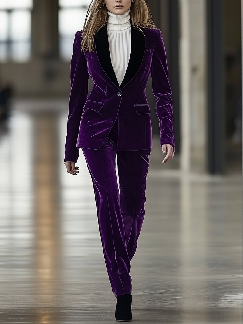 Purple Velvet Suit With Black Collar