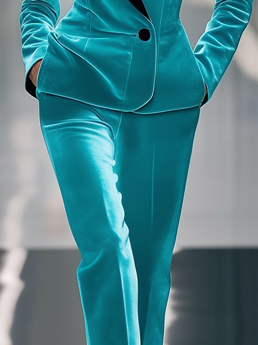 Bright Cyan Velvet Pants With Black Collar