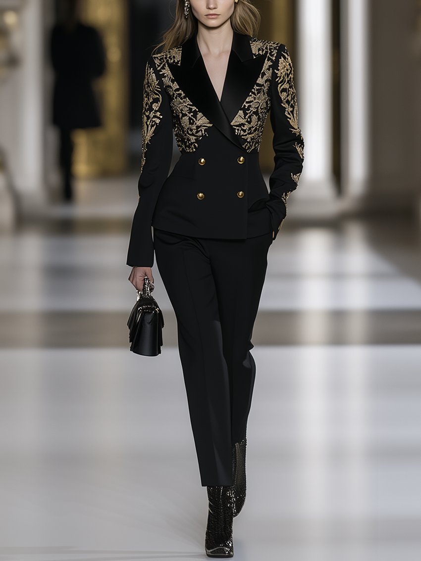 Black Suit With Gold Lace Print