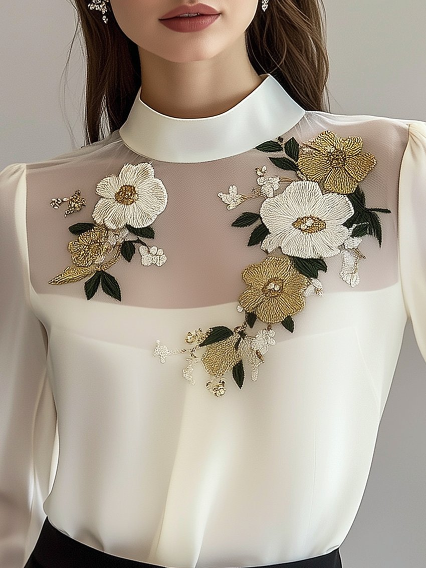 High Collar Mesh Collar White Shirt With Flower Embroidery