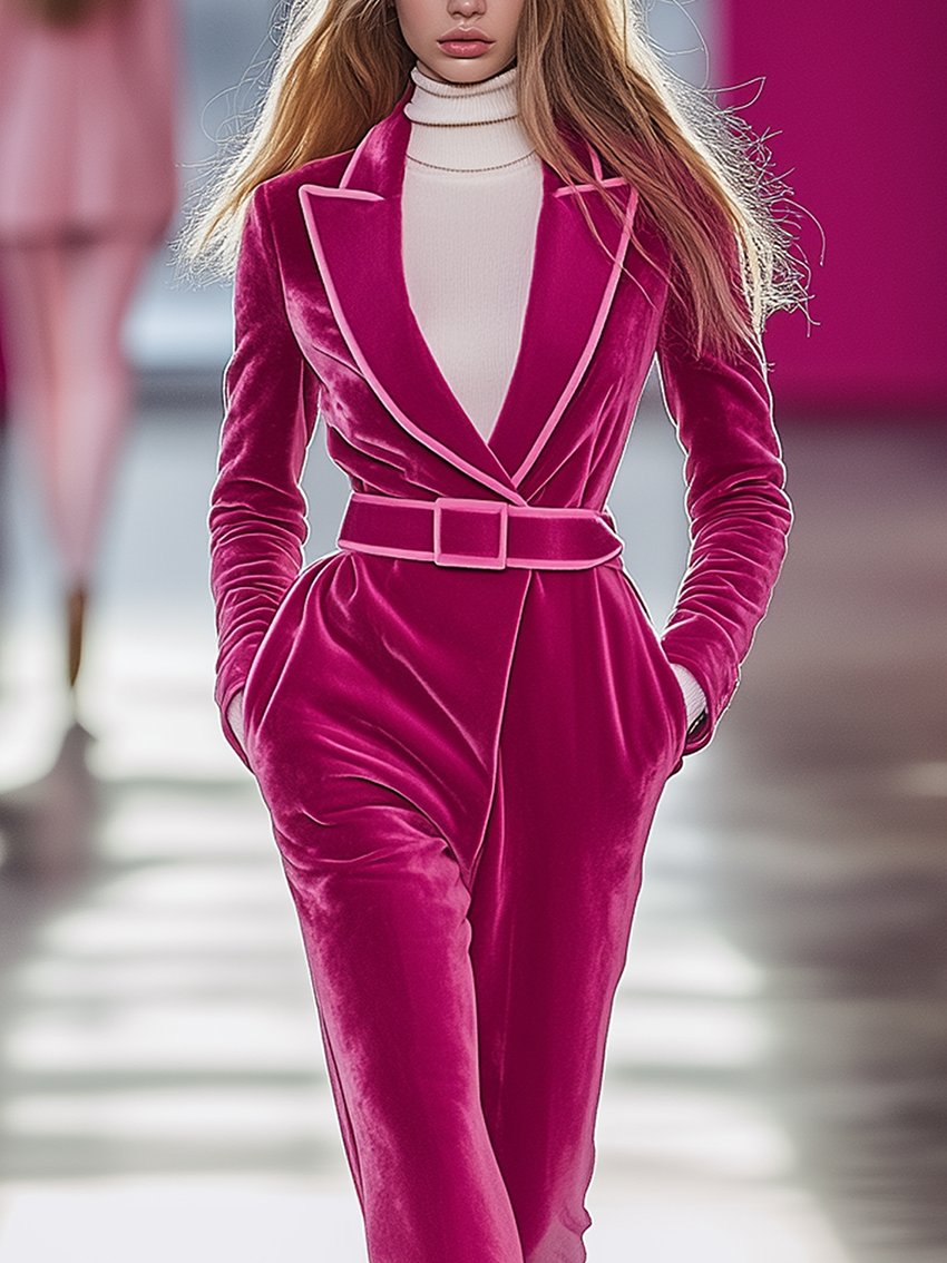 Barbie Pink Velvet Jumpsuit With Light Trim And Belt