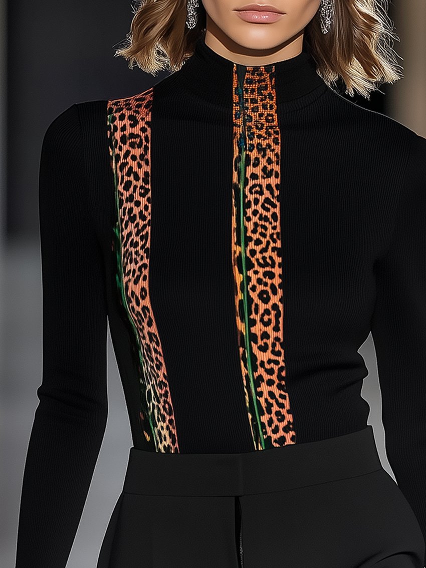 Vertical Stripe Leopard Print Black Stretch Skinny T-shirt