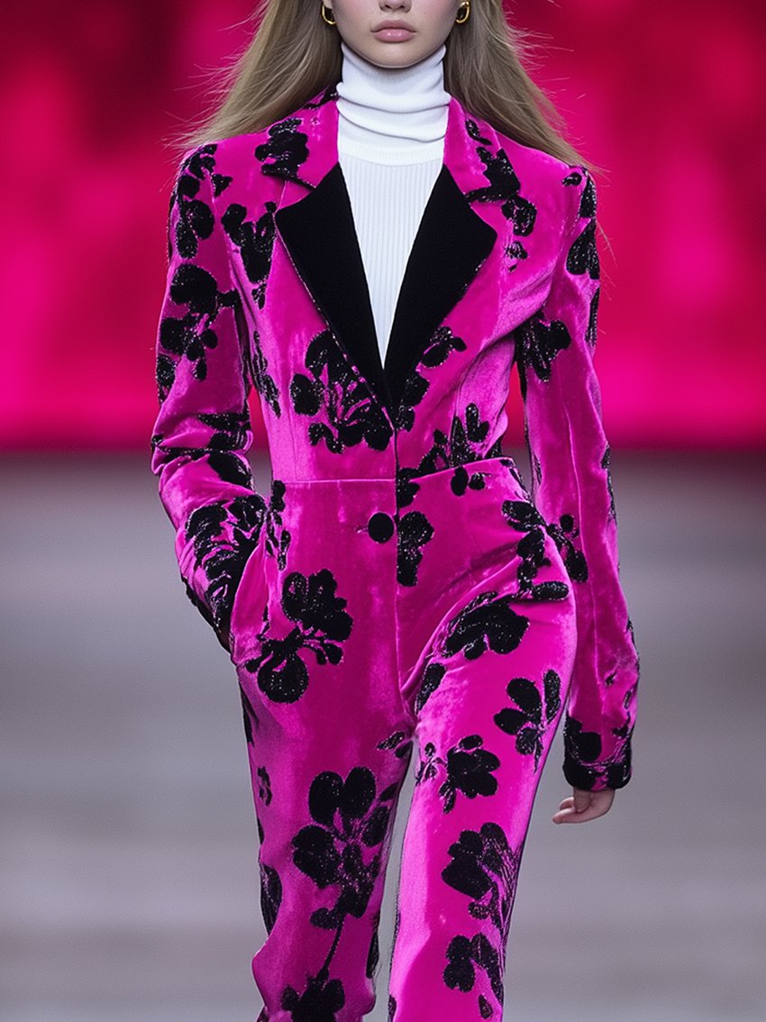 Barbie Pink Velvet Jumpsuit With Black Floral