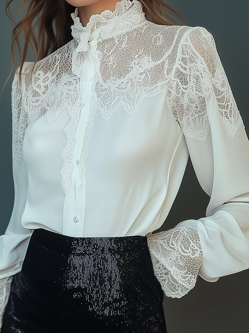 White Blouse With Collar And Shoulder Stitching Lace