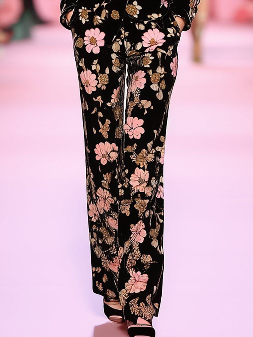 Black Velvet Jumpsuit With Pink Flower Print