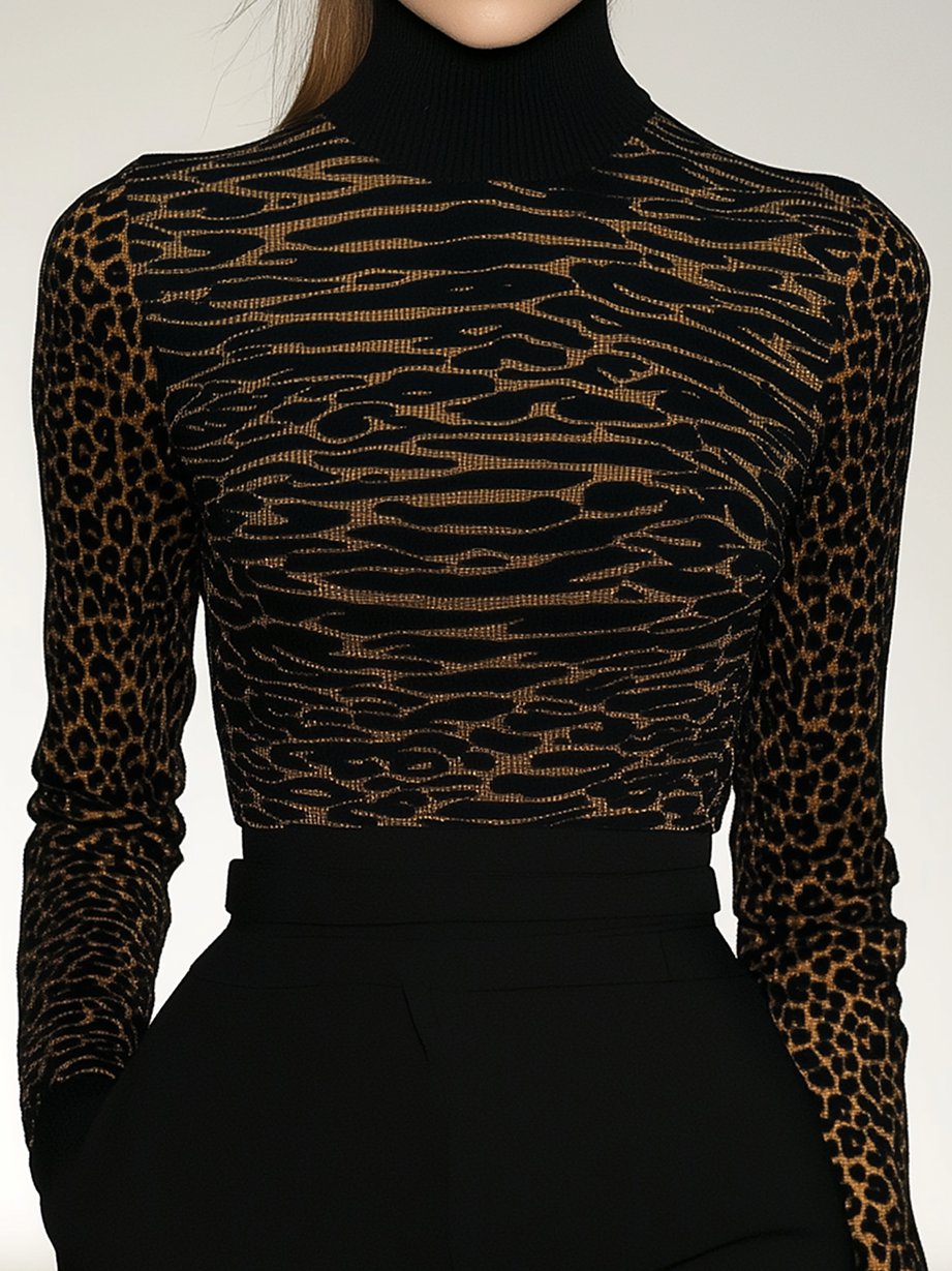 Leopard Line Leopard Print Black High Neck Skinny T-shirt