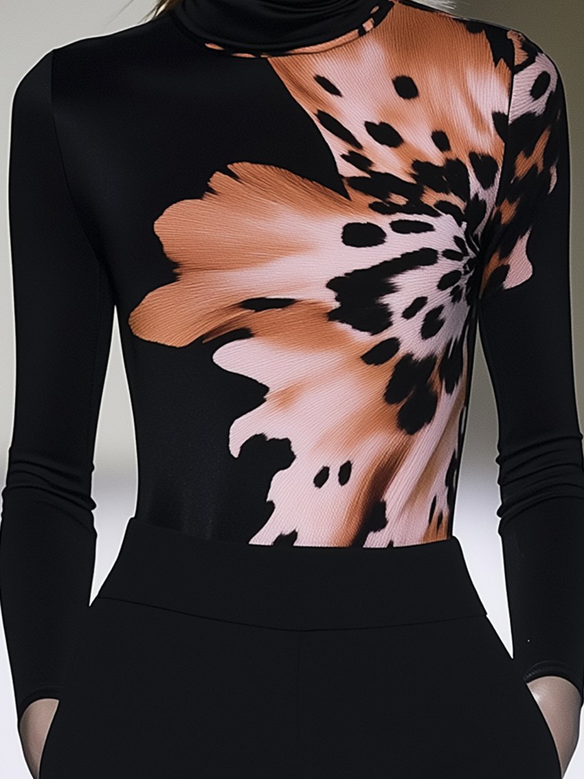 Pink Floral Print Black Stretch-tight T-shirt