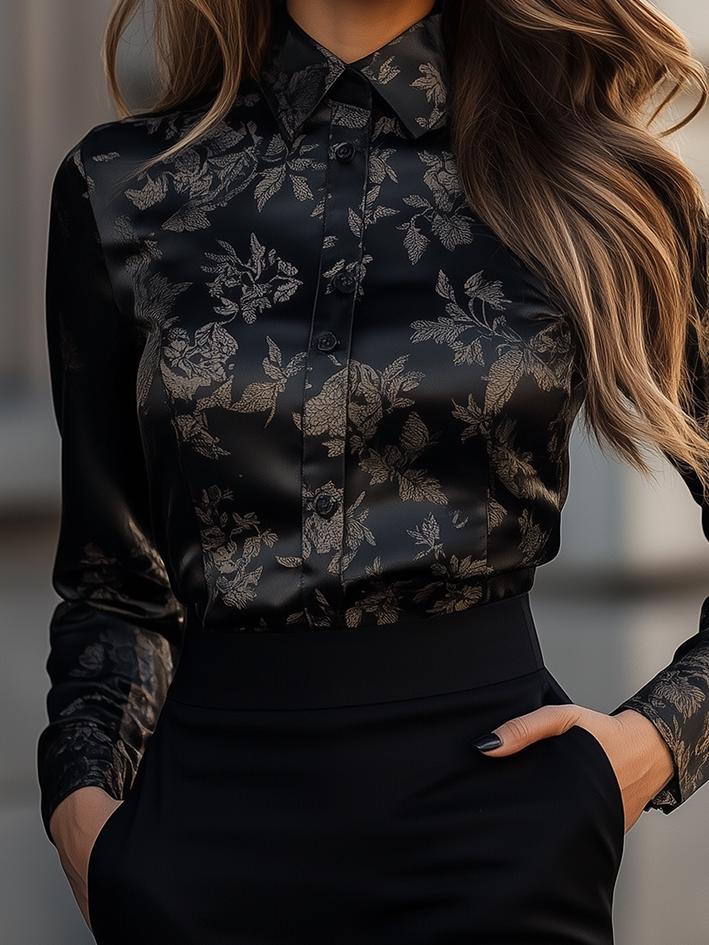 Black Floral-Print Satin Blouse