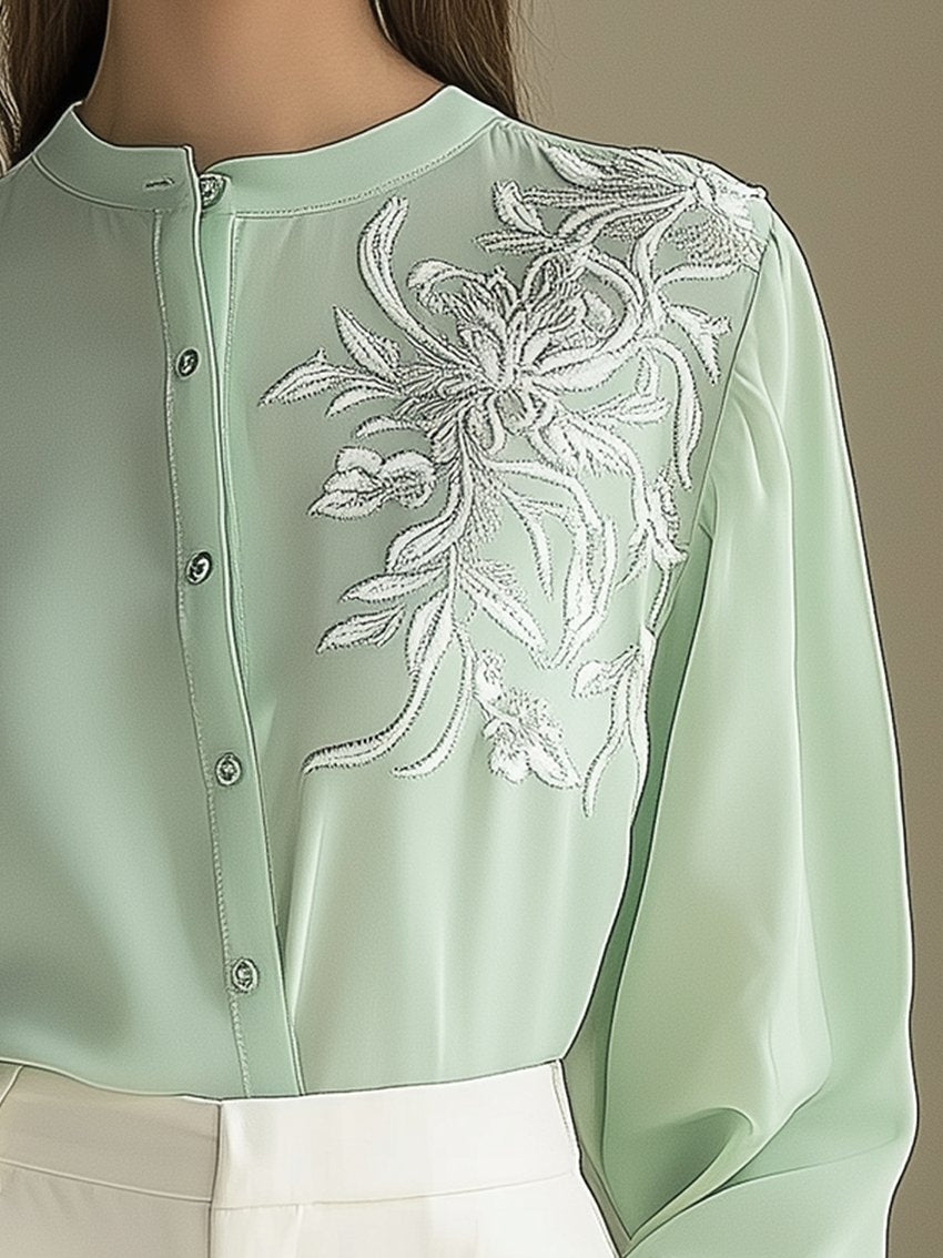 Mint Green Chiffon Blouse With White Plant Embroidery With Round Neck