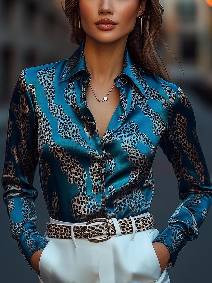 Teal-Green Abstract Leopard Print Satin Blouse