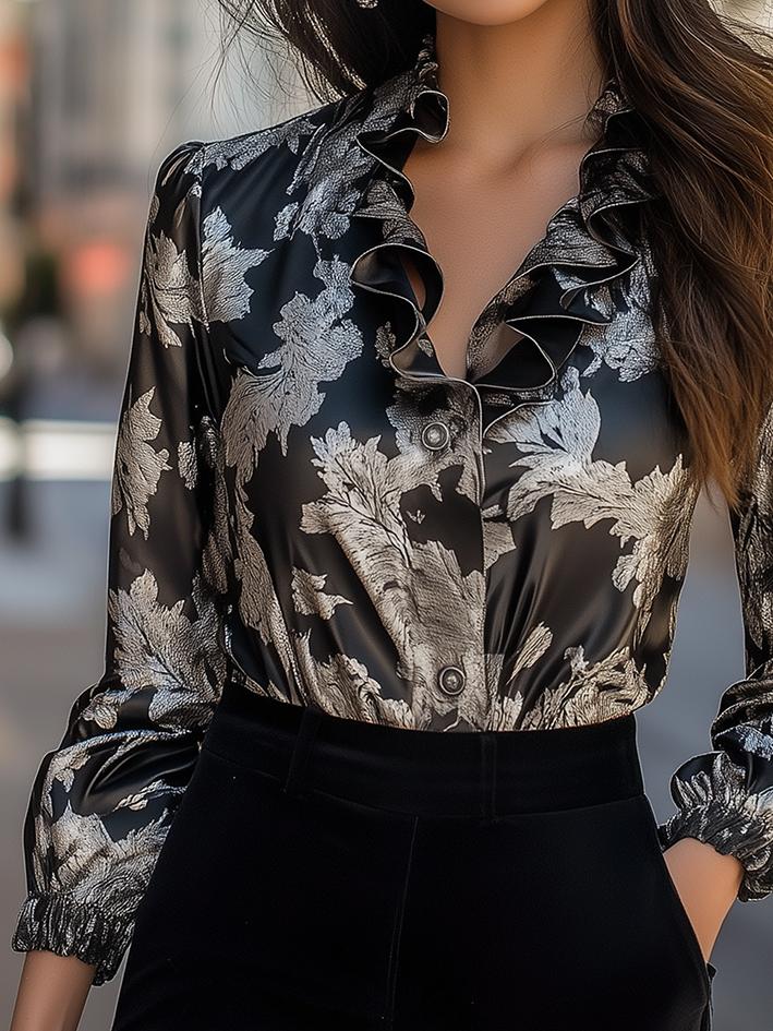 Black Floral-Print Satin Ruffled Neck Blouse