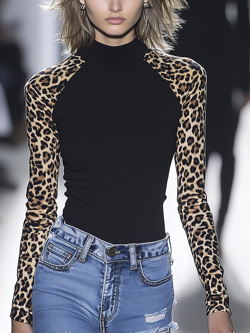 Black Stretch-tight T-shirt With Leopard-print Sleeves