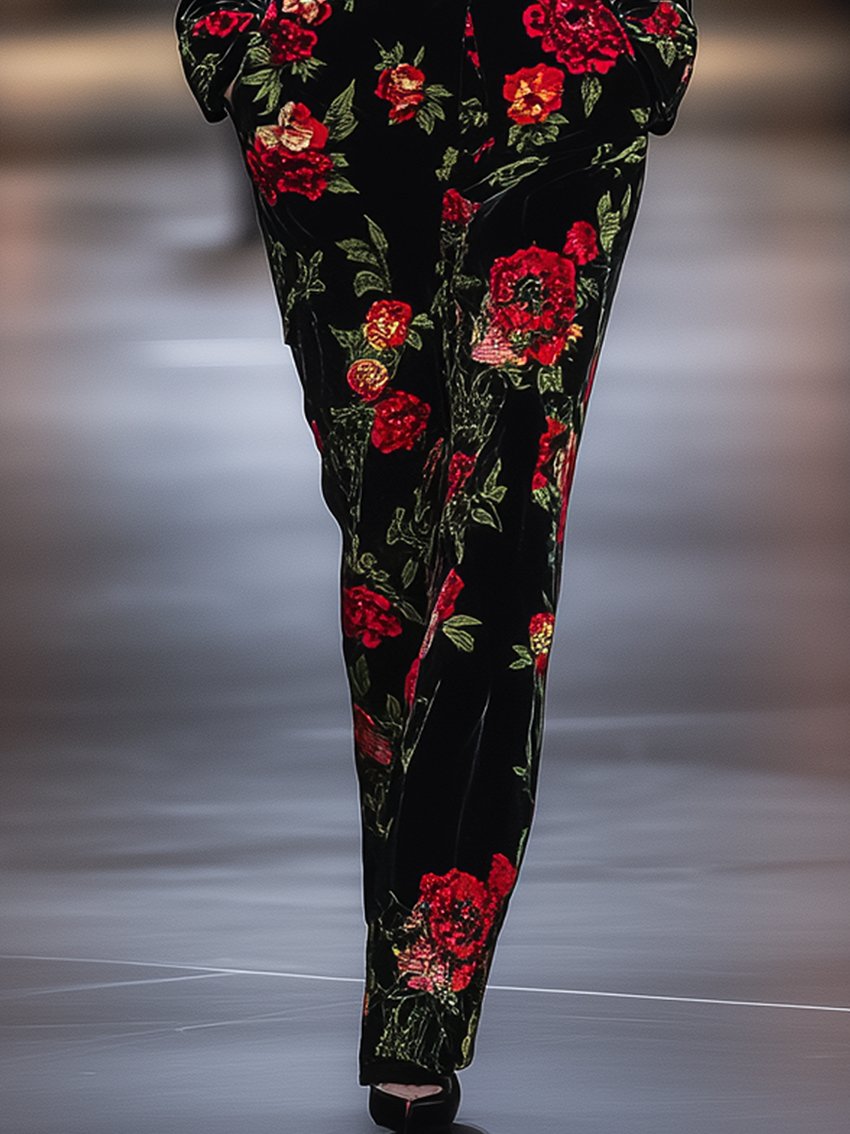 Black Velvet Jumpsuit With Red Floral Plants