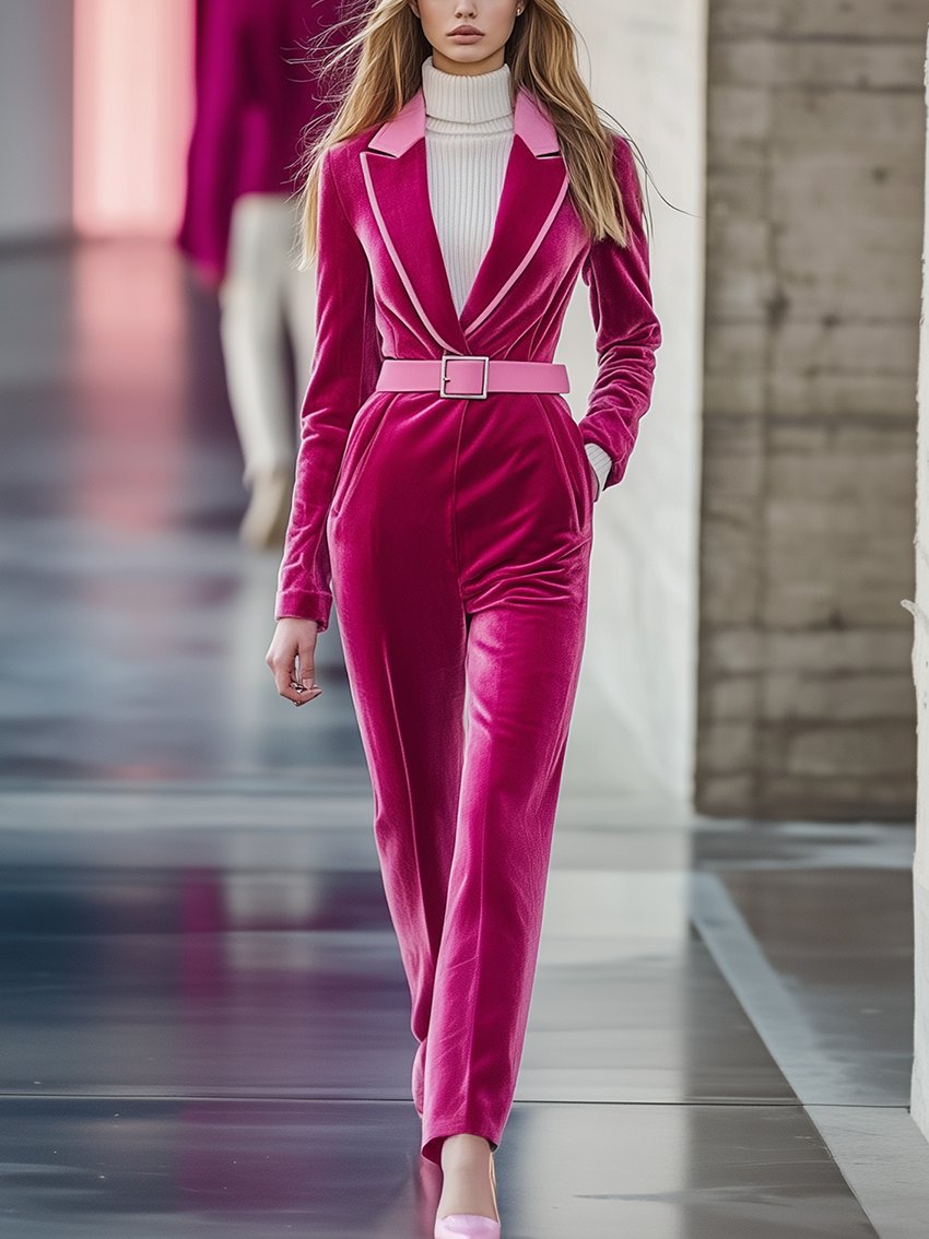 Barbie Pink Velvet Jumpsuit With Stitching Collar And Belt