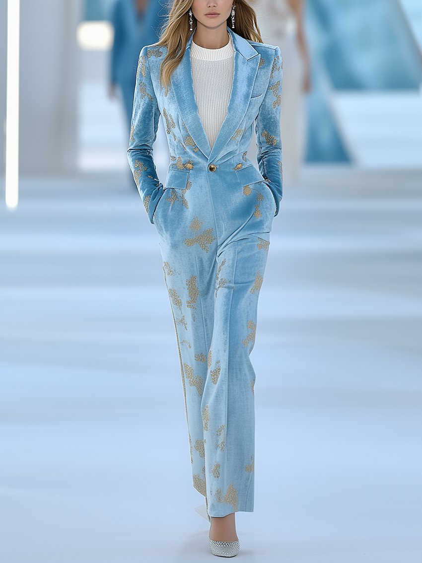 Sky Blue Velvet Jumpsuit With Gold Print