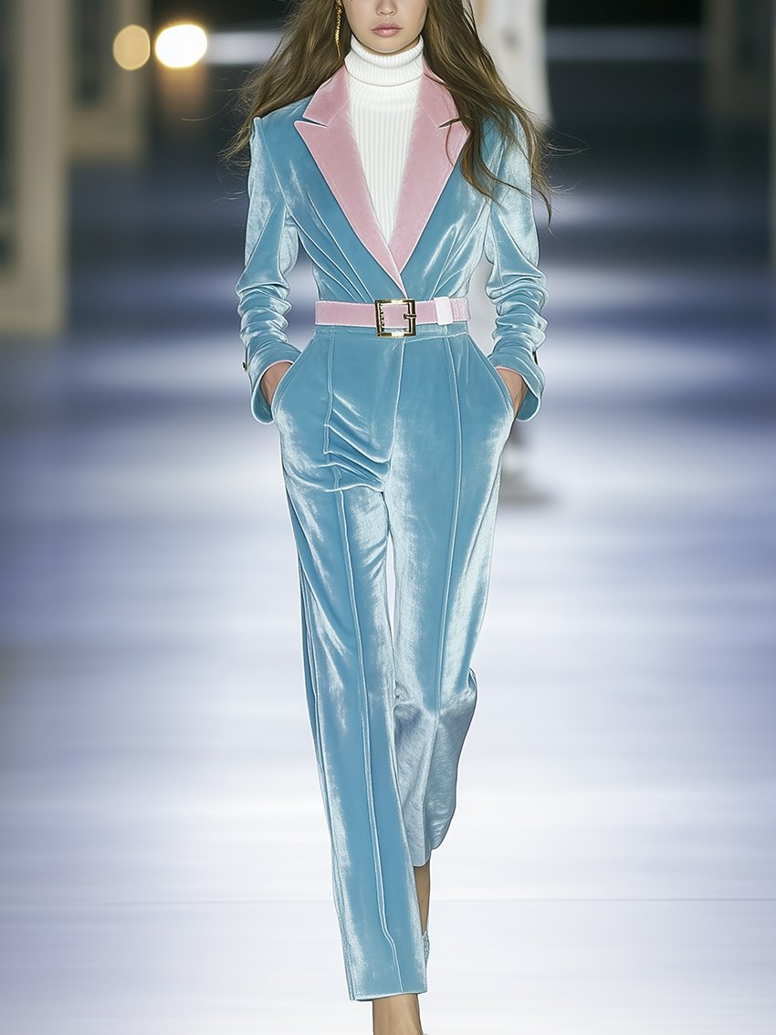 Sky Blue Velvet Jumpsuit With Pink Collar And Belt