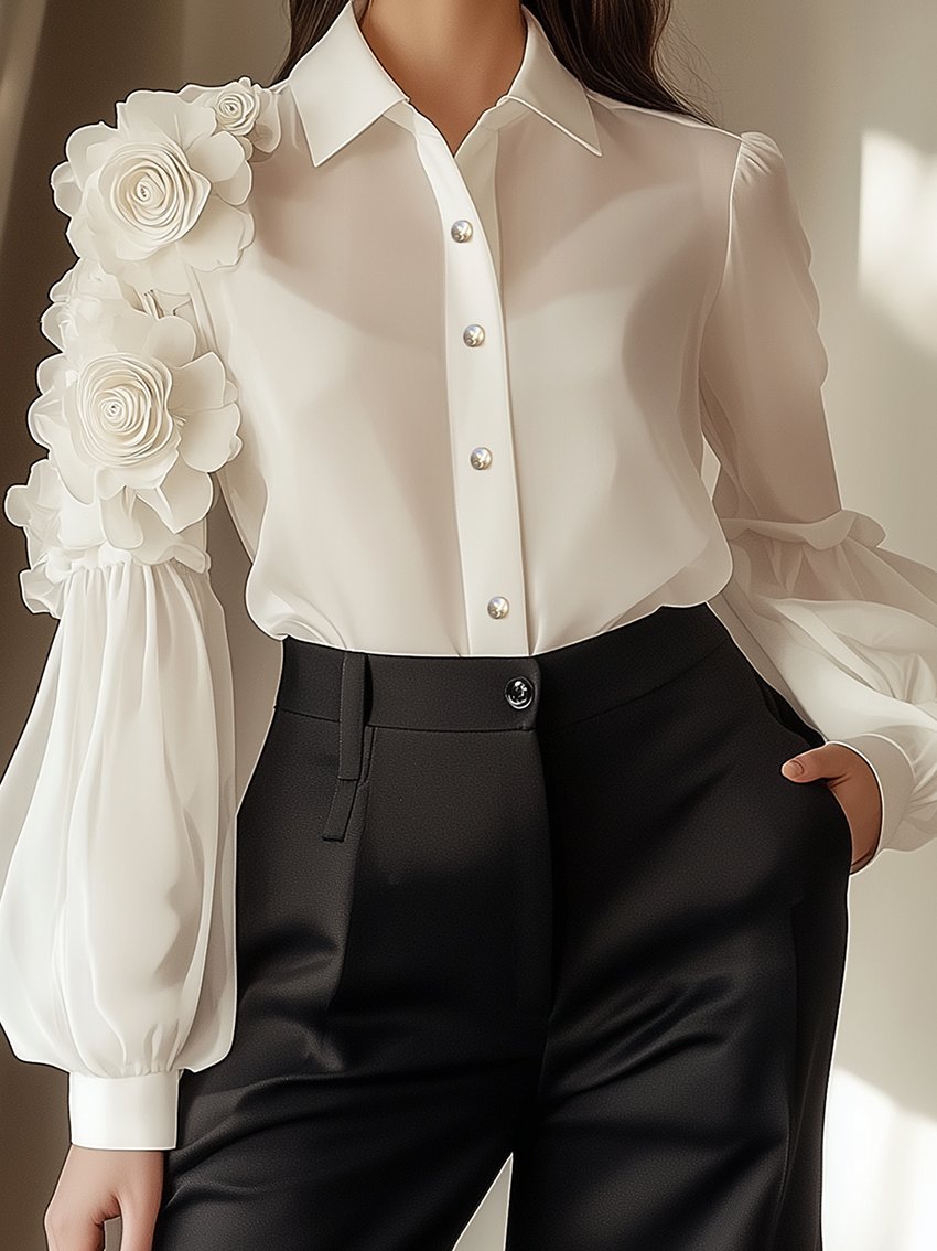 White Chiffon Blouse With 3D Flower Decoration On Sleeves