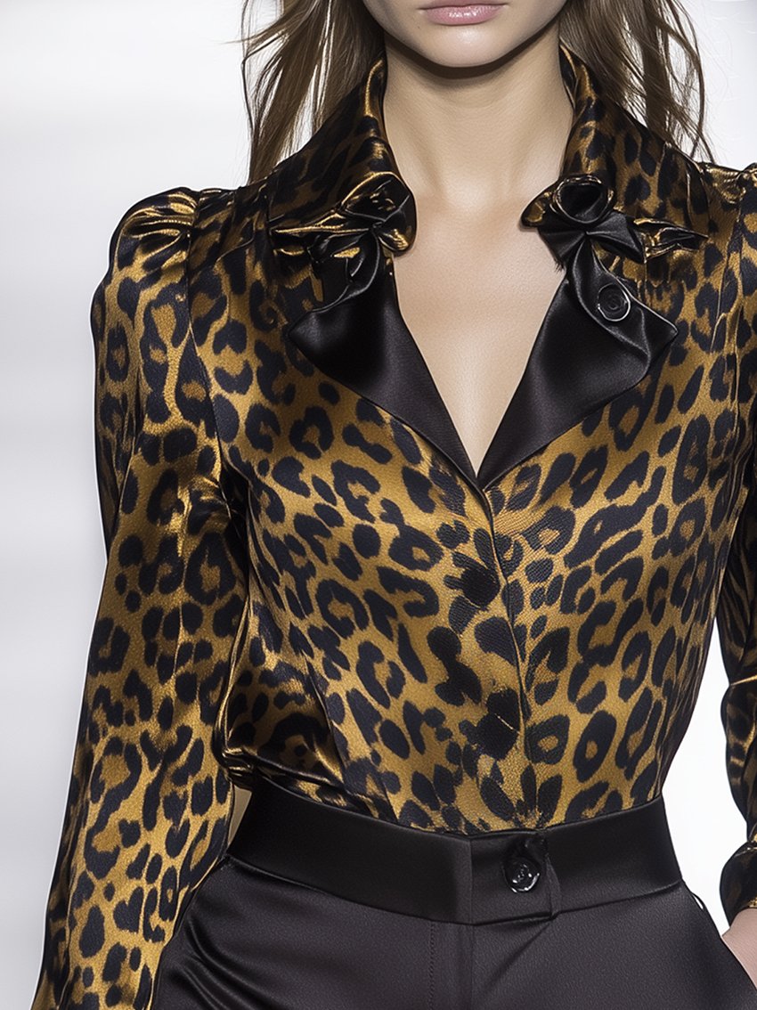 Leopard Print Satin Blouse With Black Ruffled Noodles