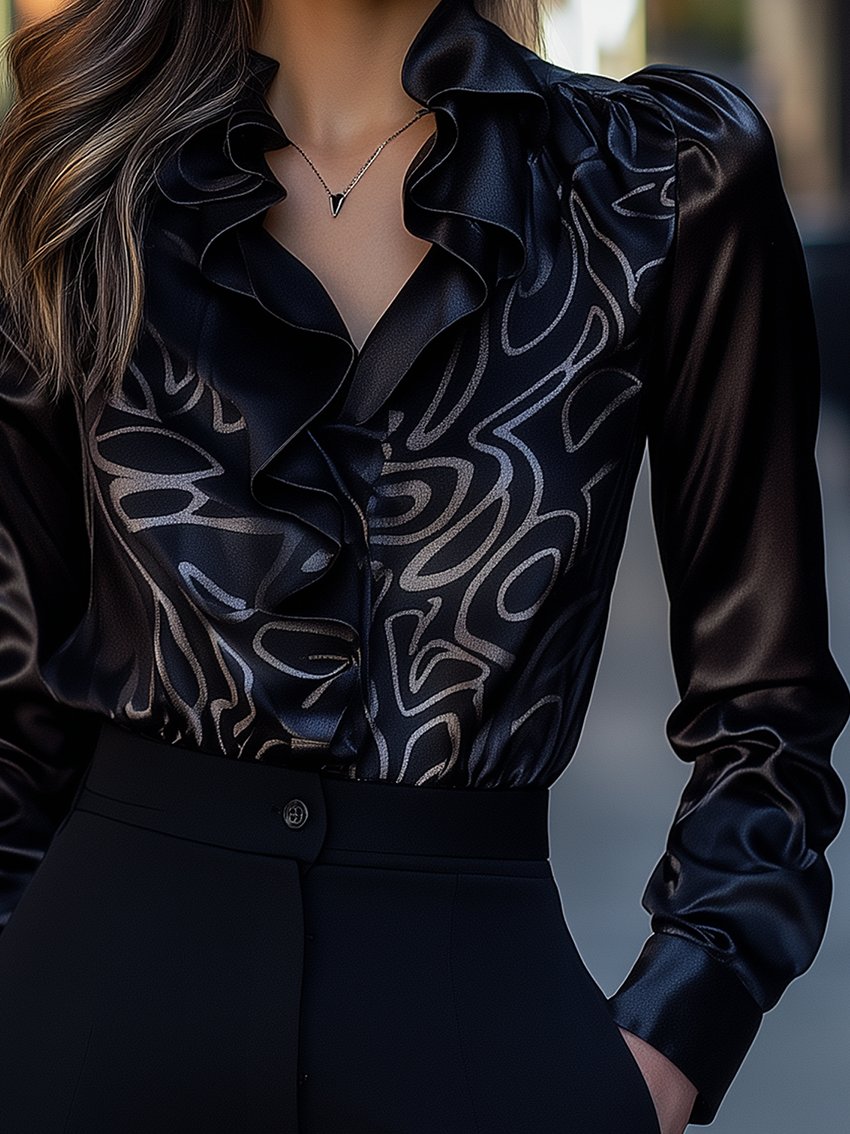 Abstract Line Print Ruffled Collar Black Satin Blouse