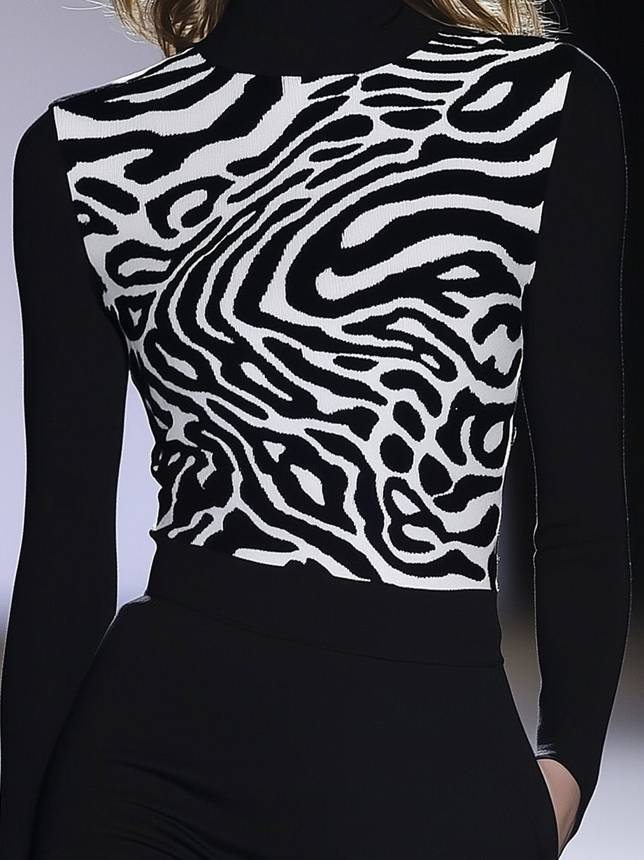 Black High Neck Skinny T-Shirt With White Abstract Lines