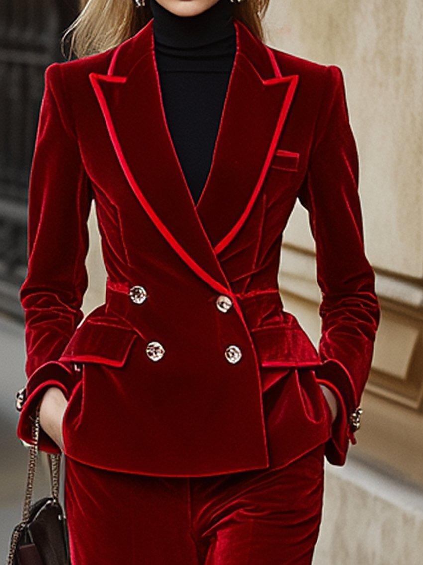 Double-breasted Red Velvet Blazer With Trim