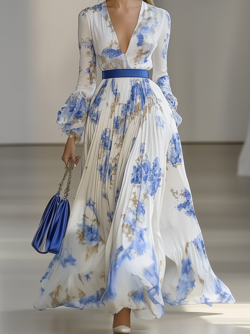 White Chiffon Maxi Dress With Blue And Gold Flower Print