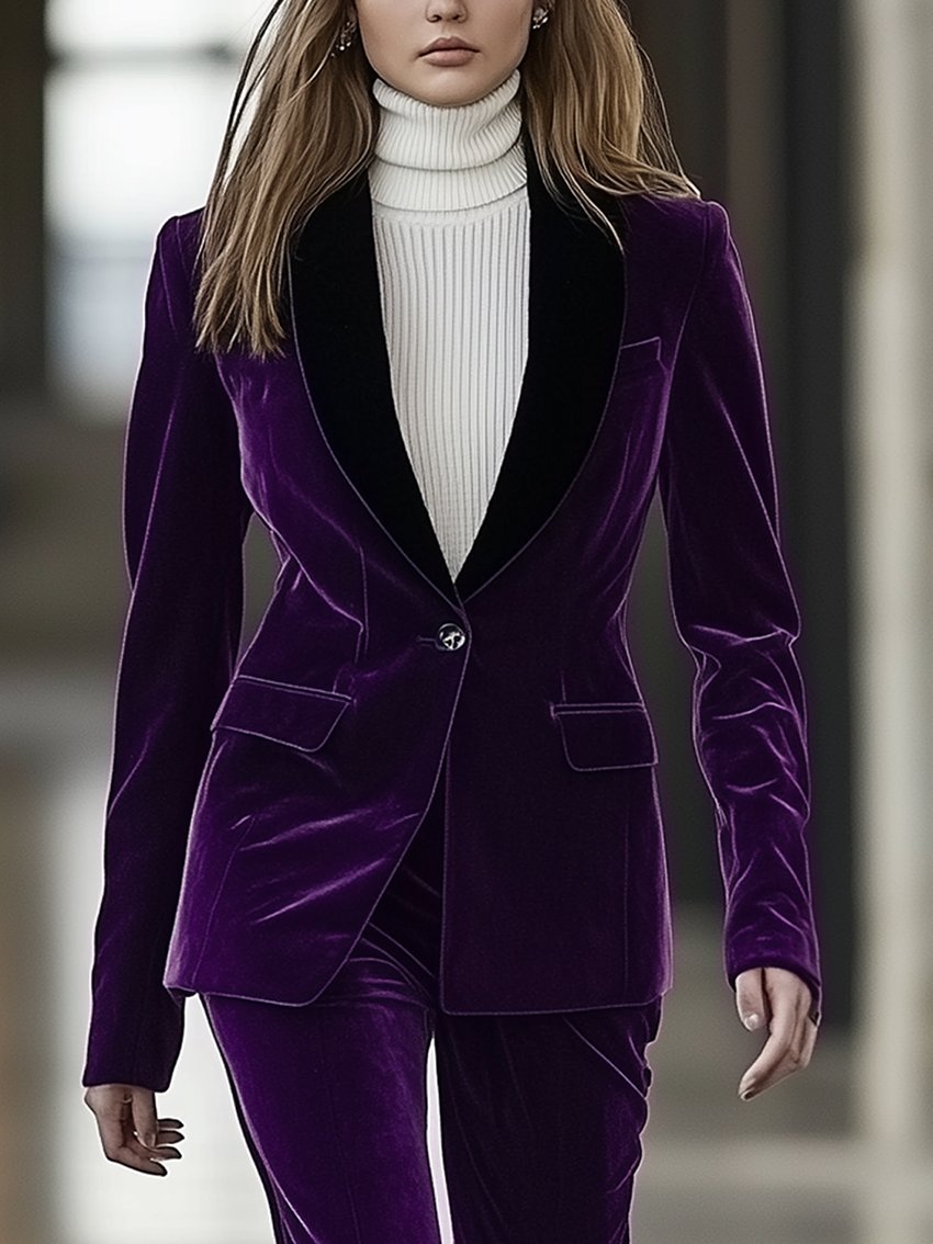 Purple Velvet Blazer With Black Collar