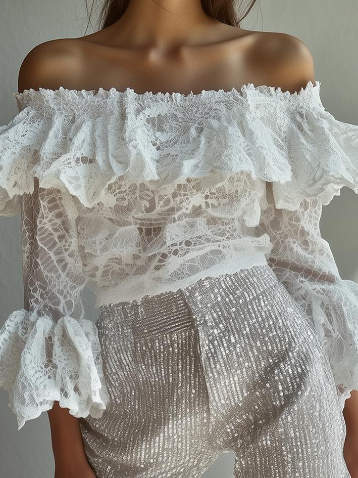 Off-Shoulder White Lace Shirt With Cuffs Ruffles