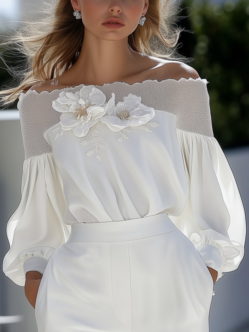 White Chiffon Shirt With Off-the-shoulder Mesh Neckline With 3D Flowers