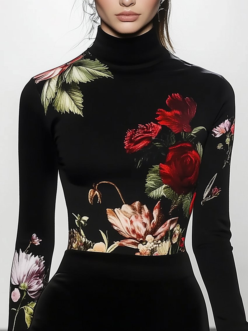 Floral Plant-Print Stretch T-shirt