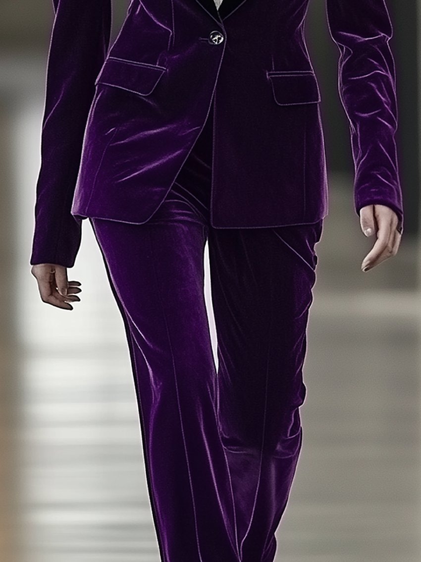 Purple Velvet Pants With Black Collar