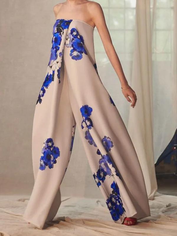 Flower Print Pleated Wide Side Tube Jumpsuits