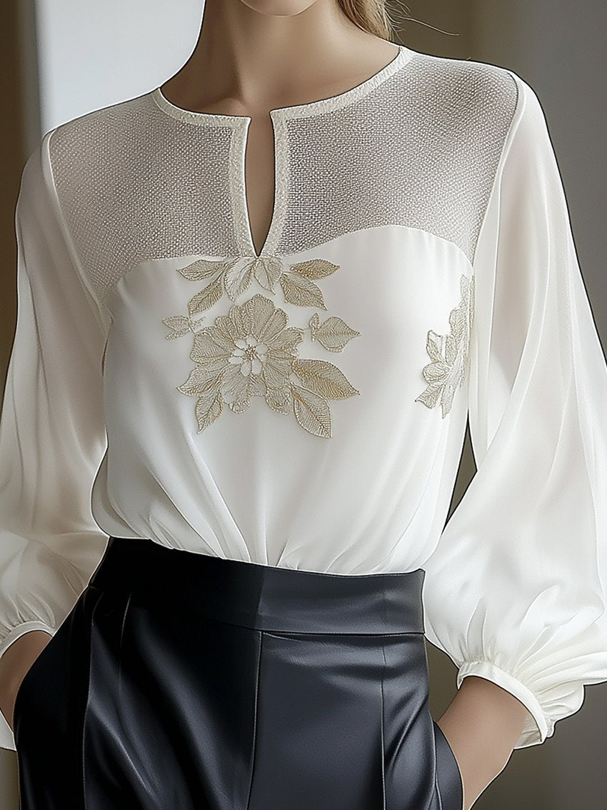 V-Neck White Chiffon Shirt With Flower Embroidery In Collar Mesh