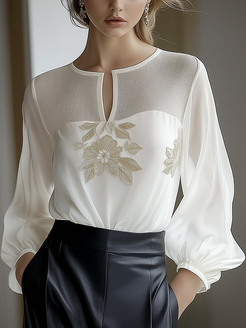 V-Neck White Chiffon Shirt With Flower Embroidery In Collar Mesh