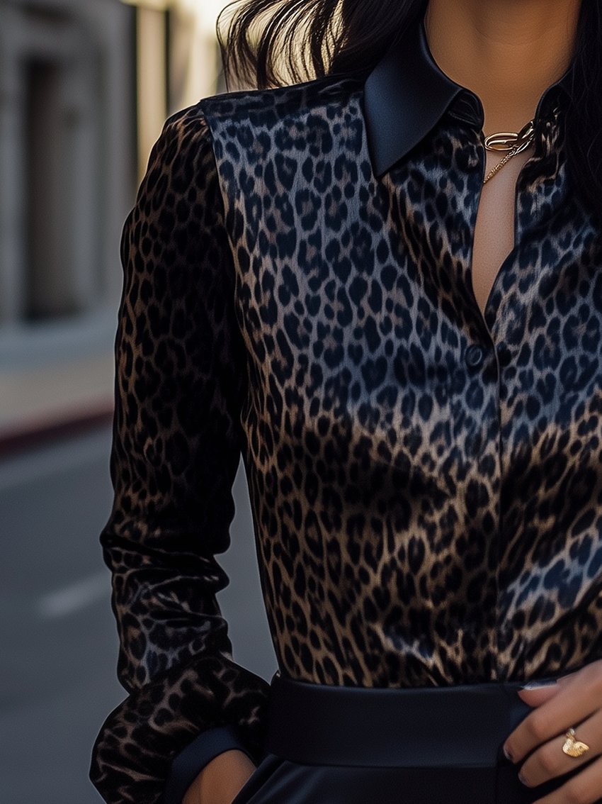 Leather Lapel Black Leopard-Print Satin Blouse