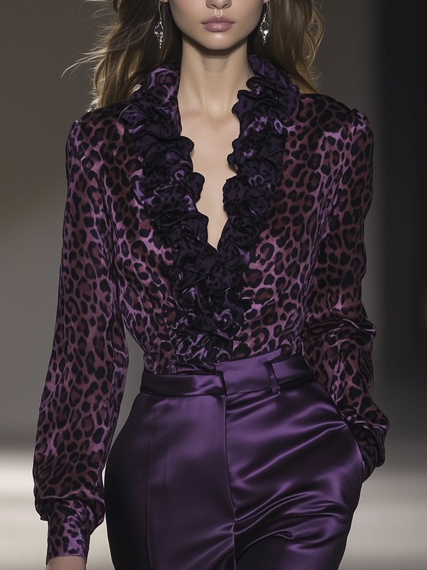 Purple Leopard Print Satin Shirt With Ruffled Neckline