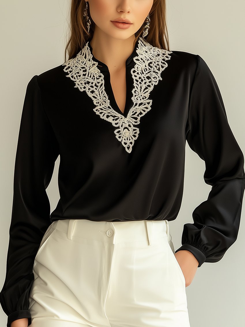 Black Satin Shirt With Lace Neckline