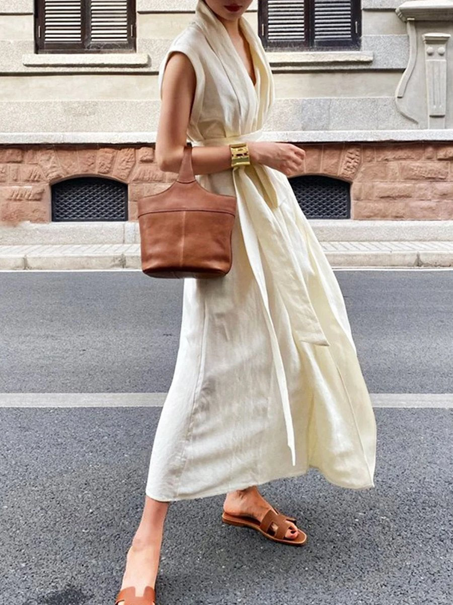 Vacation Plain V Neck Linen Dress With Belt