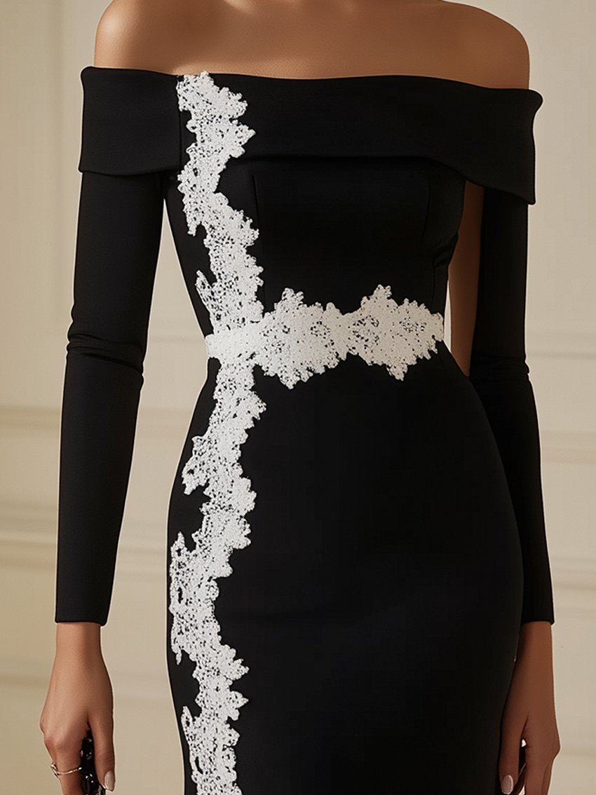 Black Midi Bodycon Dress With White Line Lace