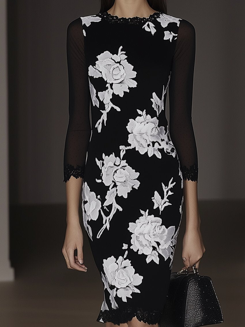 Black Midi Bodycon Dress With Gauze Sleeves And White Rose Print