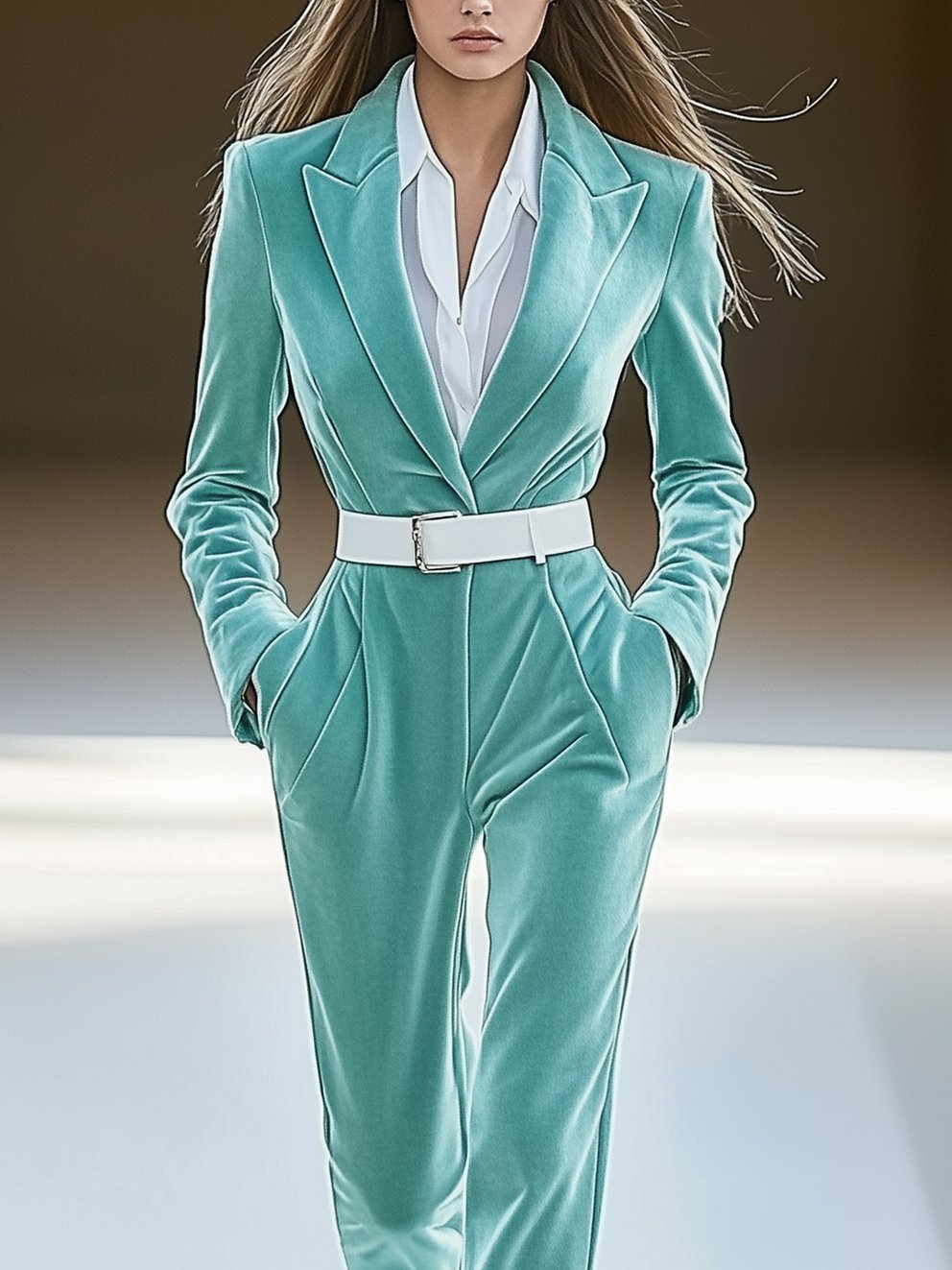 Mint Green Velvet Jumpsuit With White Belt