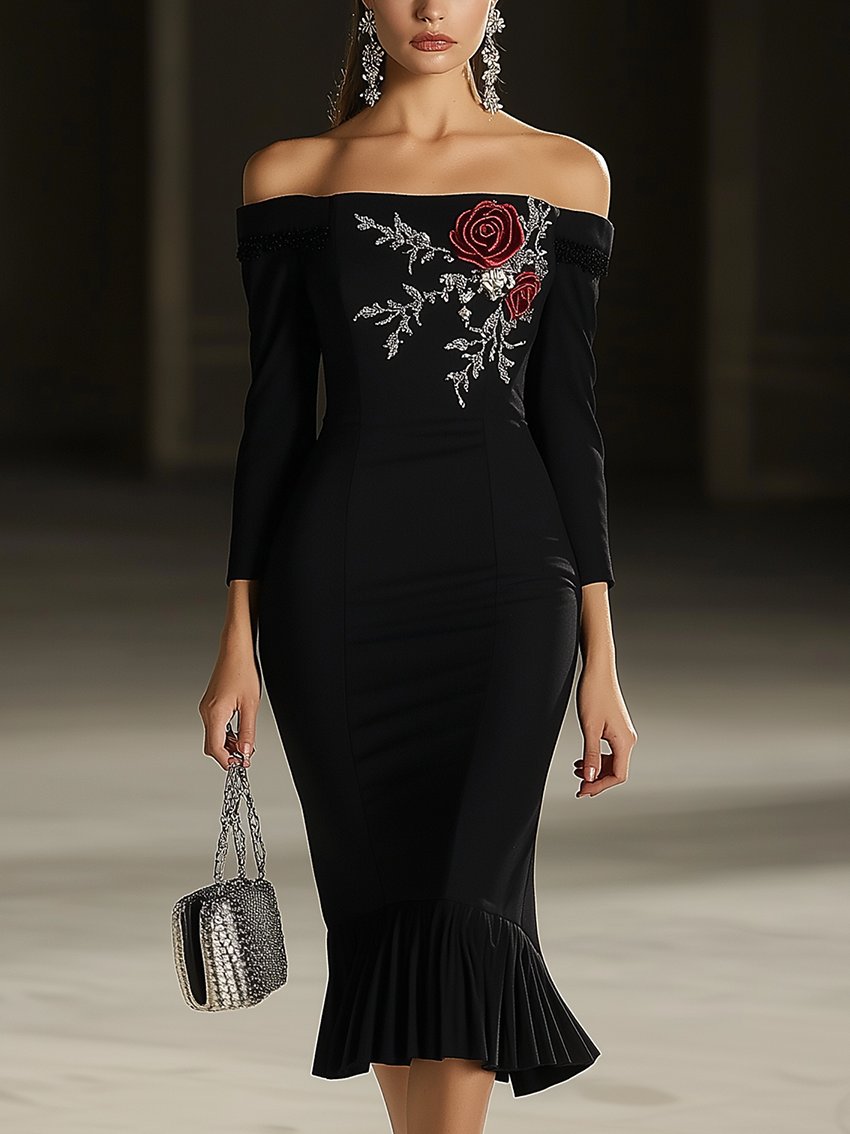 Off-The-Shoulder Black Midi Dress With Rose Embroidery