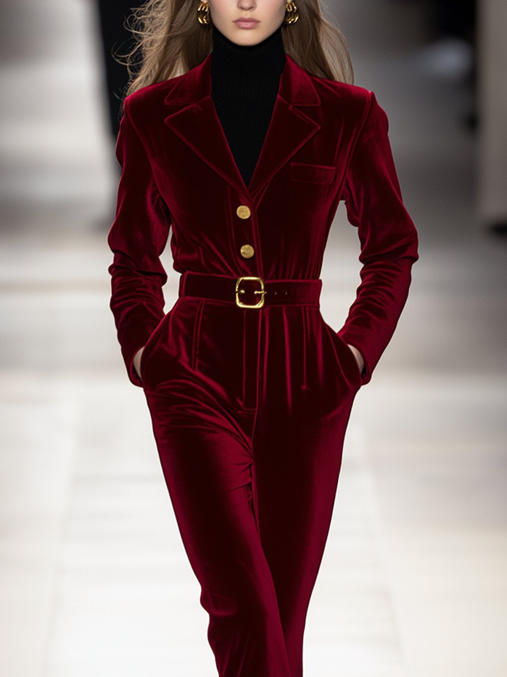 Red Velvet Jumpsuit With Gold Buttons And Belt