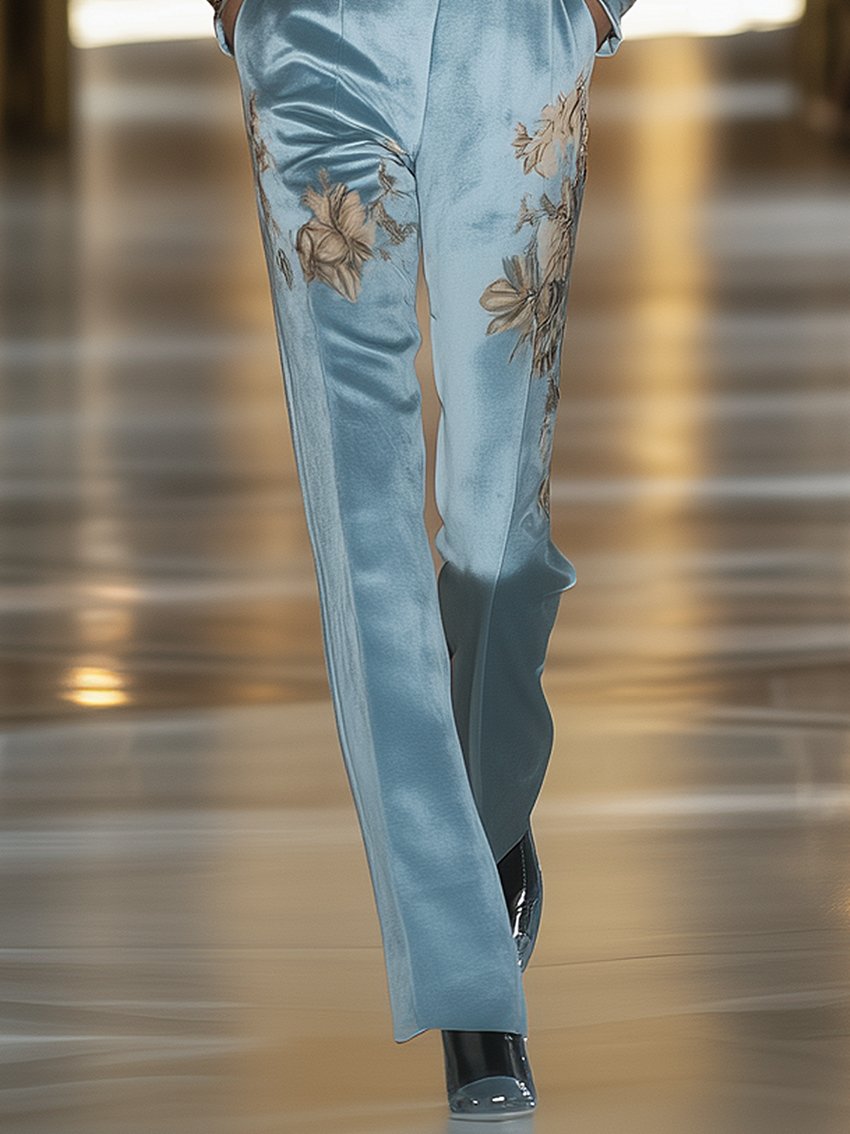 Sky Blue Velvet Jumpsuit With Elegant Floral Print And Belt